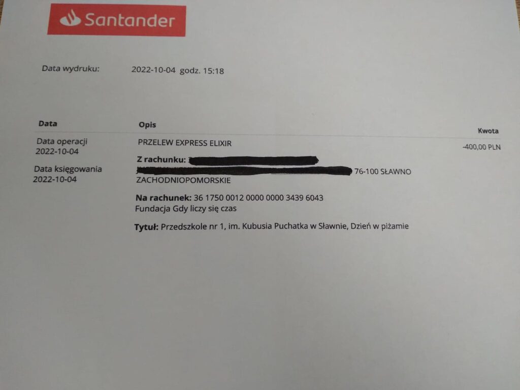 Dowód wpłaty na fundację Gdy liczy się czas, na kwotę 400 zł.
