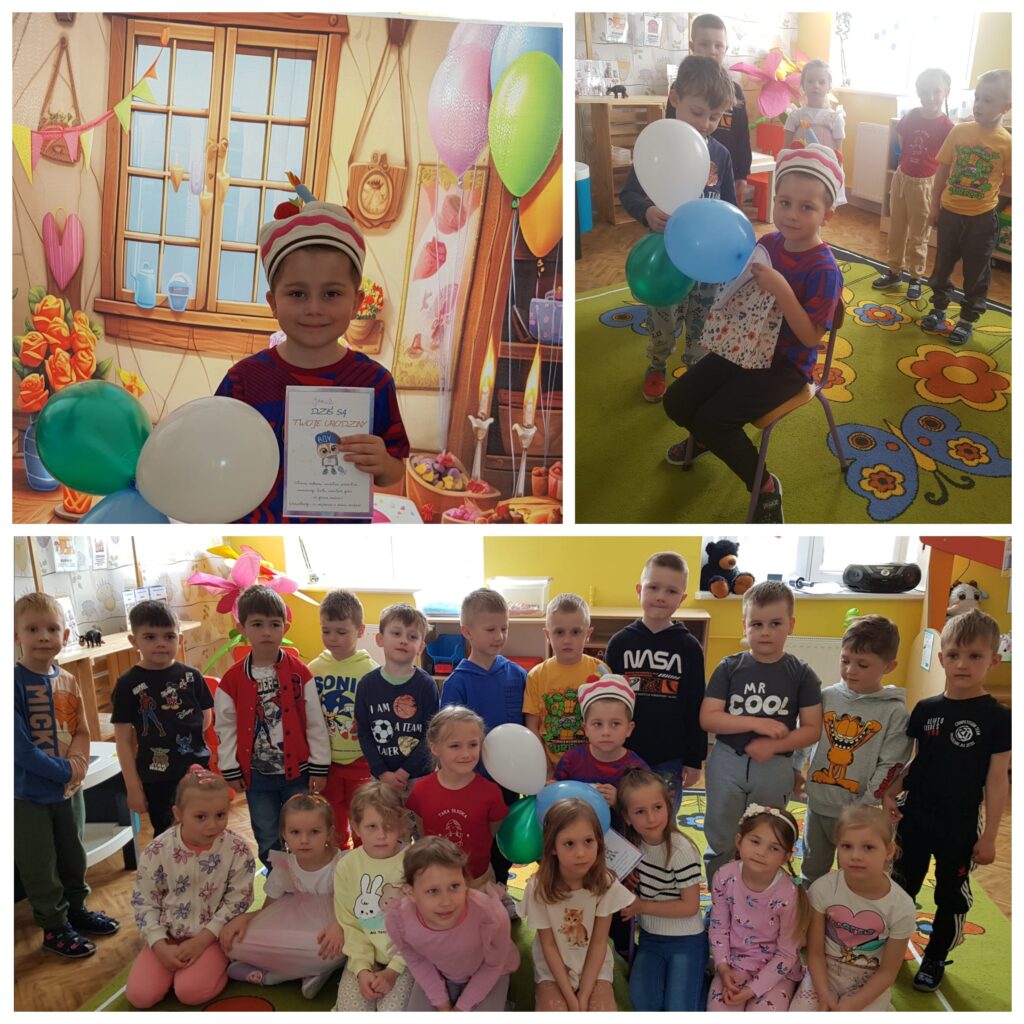 W SALI PRZEDSZKOLNEJ SĄ DZIECI CHŁOPIEC MA URODZINY MA BALONY I PUDEŁKO ZE SŁODYCZAMI