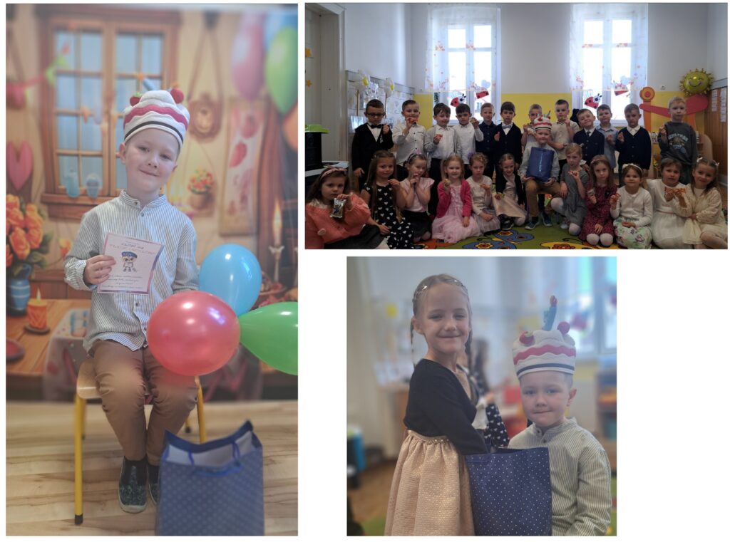 W SALI PRZEDSZKOLNEJ SĄ DZIECI CHŁOPIEC MA URODZINY MA BALONY I PUDEŁKO ZE SŁODYCZAMI