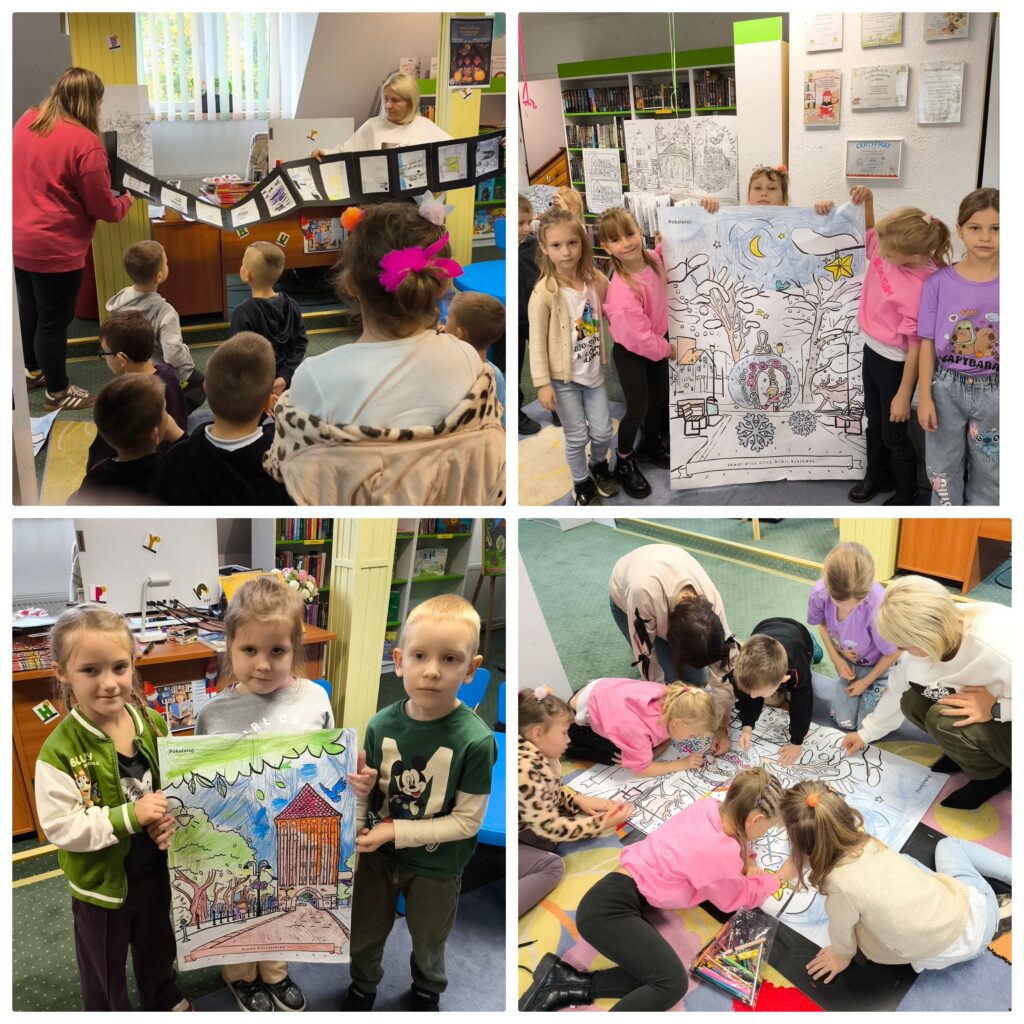  DZIECI I PANIE SĄ W BIBLIOTECE MIEJSKIEJ KOLORUJĄ ZABYTKI SŁAWNA